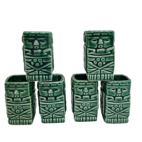 Vintage Green Tiki Polynesian Toothpick Cocktail Spears Holders Or Shot Glasses